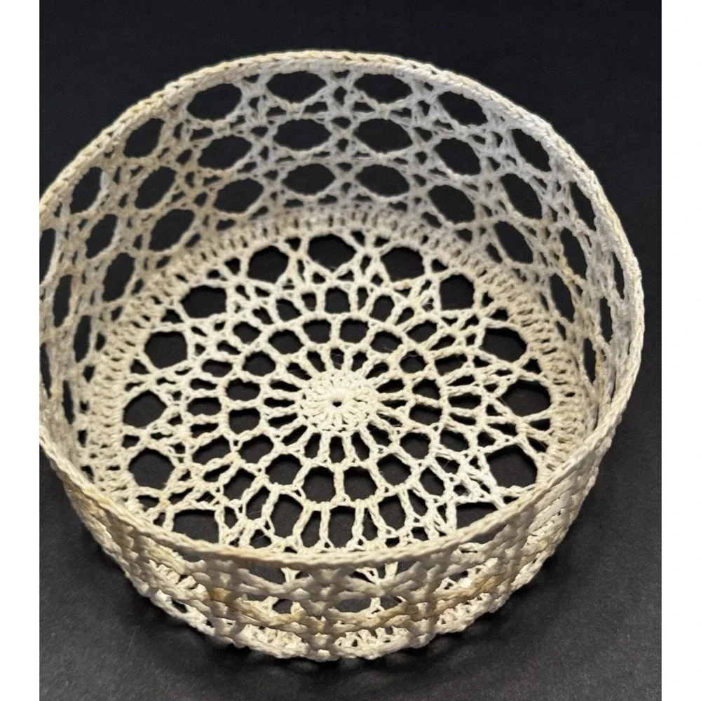 Vintage Crocheted Lidded Trinket Box Stiff Starched Cottagecore Boho Coastal